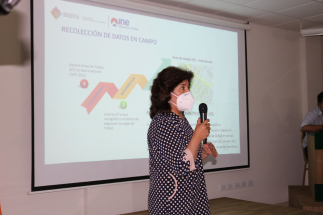 La Directora de Censos y Encuestas del INE, Martha Mabel Oviedo Aguilar participa de la socialización. (24/03/2022)
